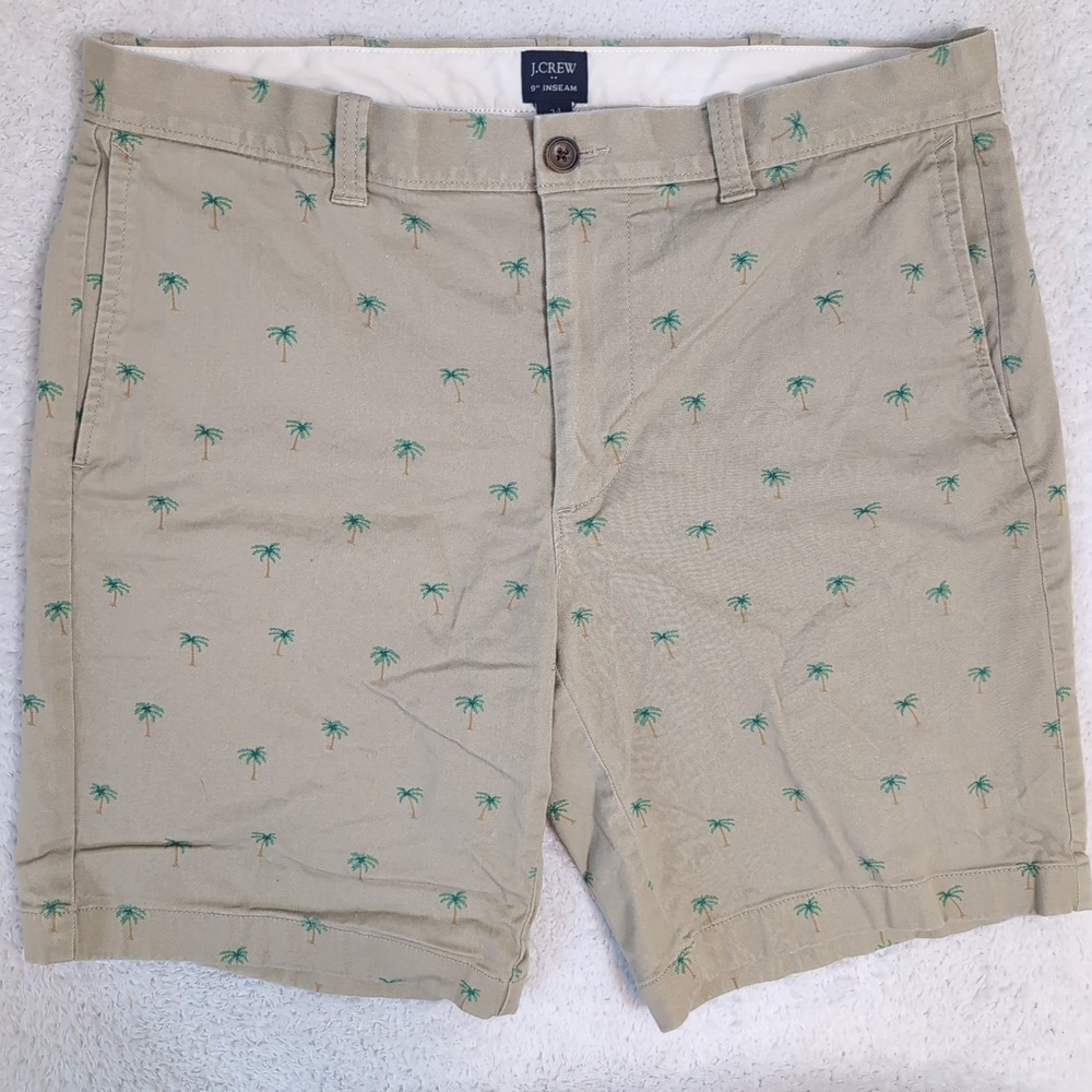J. Crew Shorts Mens 34 Khaki Summer Re-Imagined Palm Trees Tan Chino 9" Inseam